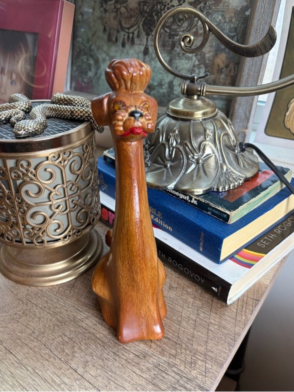 Vintage Miniature Poodle Dog Long Neck Figurine - MCM Kitsch Faux Wood Composite